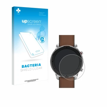 Front side of a product packaging with the brand logo upscreen. Next to it is the device Huami Amazfit GTR (47 mm) shown with 