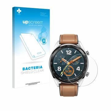 Front side of a product packaging with the brand logo upscreen. Next to it is the device Huawei Watch GT Classic shown with th