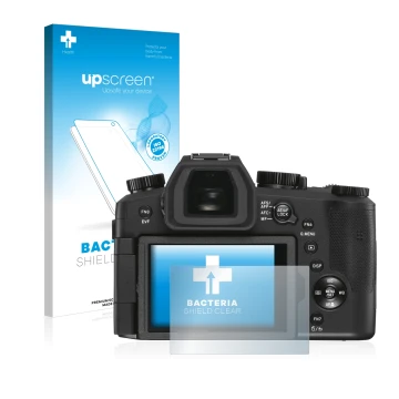 Front side of a product packaging with the brand logo upscreen. Next to it is the device Leica V-LUX 5 shown with the correspo