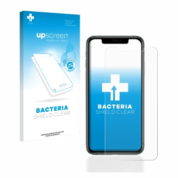 Front side of a product packaging with the brand logo upscreen. Next to it is the device Apple iPhone 11 Pro Max shown with th