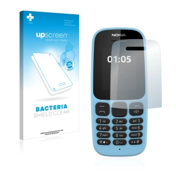 Front side of a product packaging with the brand logo upscreen. Next to it is the device Nokia 105 2019 shown with the corresp