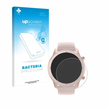 Front side of a product packaging with the brand logo upscreen. Next to it is the device Huami Amazfit GTR (42 mm) shown with 
