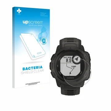 Front side of a product packaging with the brand logo upscreen. Next to it is the device Garmin Instinct Tactical Edition show