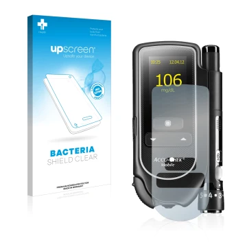 Front side of a product packaging with the brand logo upscreen. Next to it is the device Accu-Chek Mobile shown with the corre