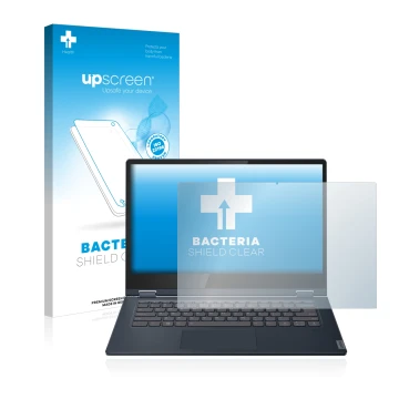 Front side of a product packaging with the brand logo upscreen. Next to it is the device Lenovo IdeaPad C340 14
