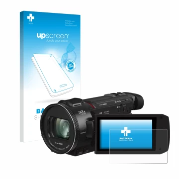 Front side of a product packaging with the brand logo upscreen. Next to it is the device Panasonic HC-VXF11 shown with the cor