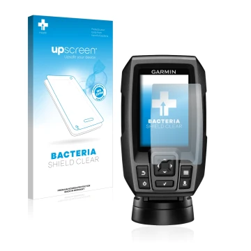 Front side of a product packaging with the brand logo upscreen. Next to it is the device Garmin Striker 4 shown with the corre