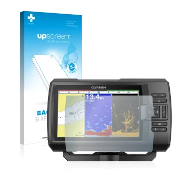 Front side of a product packaging with the brand logo upscreen. Next to it is the device Garmin Striker Plus 9sv shown with th
