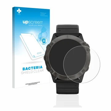 Front side of a product packaging with the brand logo upscreen. Next to it is the device Garmin Fenix 6X Pro shown with the co