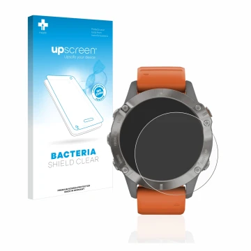 Front side of a product packaging with the brand logo upscreen. Next to it is the device Garmin Fenix 6 Pro shown with the cor