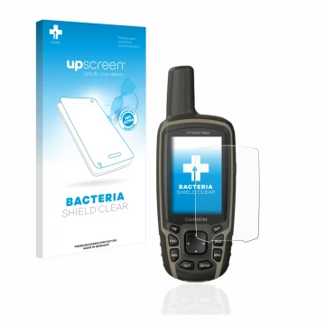Front side of a product packaging with the brand logo upscreen. Next to it is the device Garmin GPSMAP 64sx shown with the cor