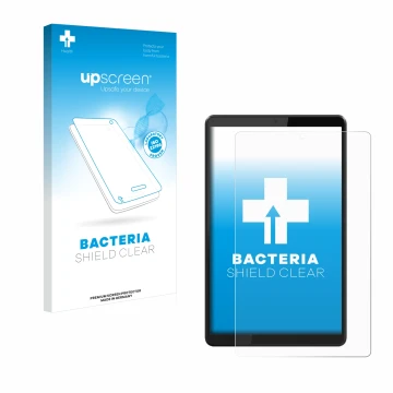 Front side of a product packaging with the brand logo upscreen. Next to it is the device Lenovo Tab M8 shown with the correspo