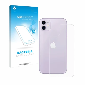 Front side of a product packaging with the brand logo upscreen. Next to it is the device Apple iPhone 11 (Back) shown with the