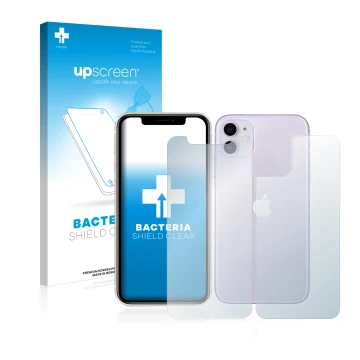 Front side of a product packaging with the brand logo upscreen. Next to it is the device Apple iPhone 11 (Front+Back) shown wi