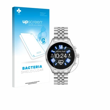 Front side of a product packaging with the brand logo upscreen. Next to it is the device Michael Kors Access Lexington 2 shown