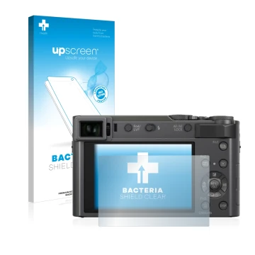 Front side of a product packaging with the brand logo upscreen. Next to it is the device Panasonic Lumix DC-TZ200 shown with t
