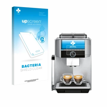 Front side of a product packaging with the brand logo upscreen. Next to it is the device Siemens EQ.9 plus connect s700 4,3