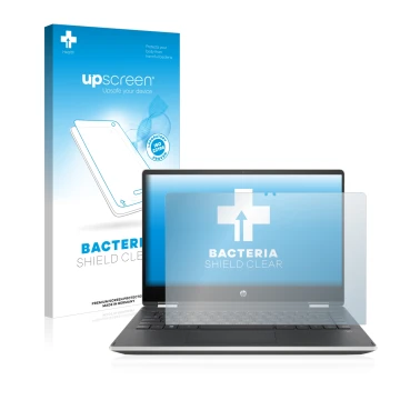 Front side of a product packaging with the brand logo upscreen. Next to it is the device HP Pavilion x360 (14-dhX) shown with 