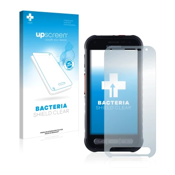 Front side of a product packaging with the brand logo upscreen. Next to it is the device Samsung Galaxy XCover FieldPro shown 