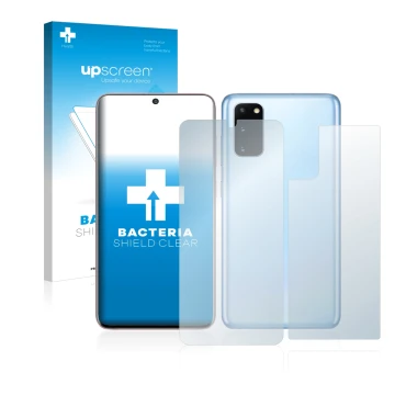 Front side of a product packaging with the brand logo upscreen. Next to it is the device Samsung Galaxy S20 (Front+Back) shown