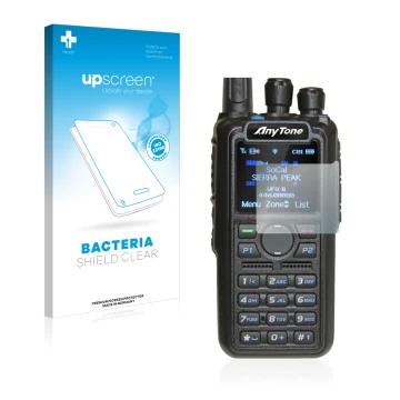 Front side of a product packaging with the brand logo upscreen. Next to it is the device AnyTone AT-D878UV shown with the corr