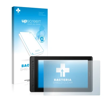 Front side of a product packaging with the brand logo upscreen. Next to it is the device Huion Kamvas Pro 16 Premium shown wit