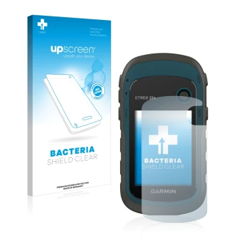 Front side of a product packaging with the brand logo upscreen. Next to it is the device Garmin eTrex 22x shown with the corre