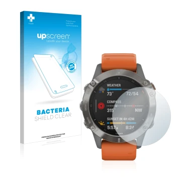 Front side of a product packaging with the brand logo upscreen. Next to it is the device Garmin Fenix 6 shown with the corresp