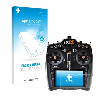 Front side of a product packaging with the brand logo upscreen. Next to it is the device Spektrum iX20 shown with the correspo