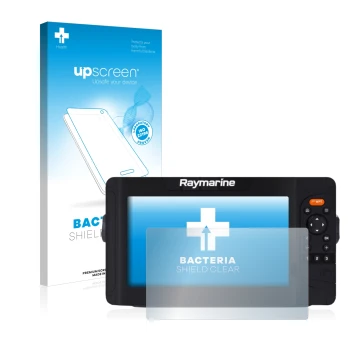 Front side of a product packaging with the brand logo upscreen. Next to it is the device Raymarine Element 9 HV shown with the