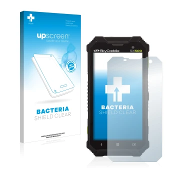 Front side of a product packaging with the brand logo upscreen. Next to it is the device SkyCaddie SX500 shown with the corres