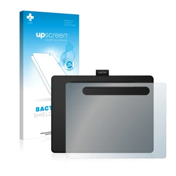 Front side of a product packaging with the brand logo upscreen. Next to it is the device Wacom Intuos M shown with the corresp