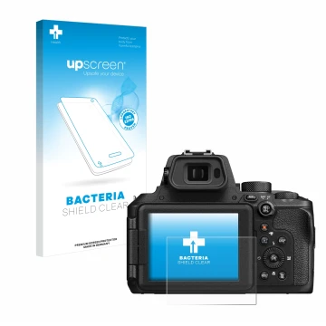 Front side of a product packaging with the brand logo upscreen. Next to it is the device Nikon Coolpix P950 shown with the cor