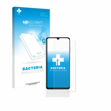 Front side of a product packaging with the brand logo upscreen. Next to it is the device Samsung Galaxy A41 shown with the cor