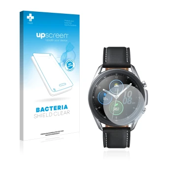 Front side of a product packaging with the brand logo upscreen. Next to it is the device Samsung Galaxy Watch 3 (41mm) shown w