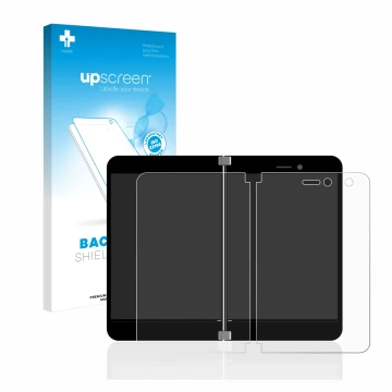Front side of a product packaging with the brand logo upscreen. Next to it is the device Microsoft Surface Duo shown with the 