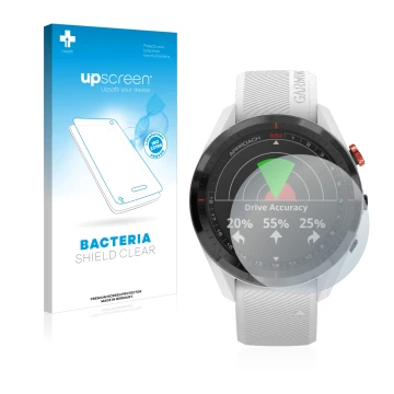 Front side of a product packaging with the brand logo upscreen. Next to it is the device Garmin Approach S62 shown with the co
