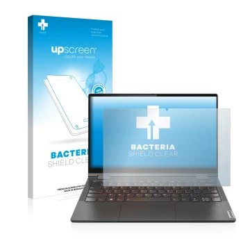 Front side of a product packaging with the brand logo upscreen. Next to it is the device Lenovo Yoga C640 shown with the corre