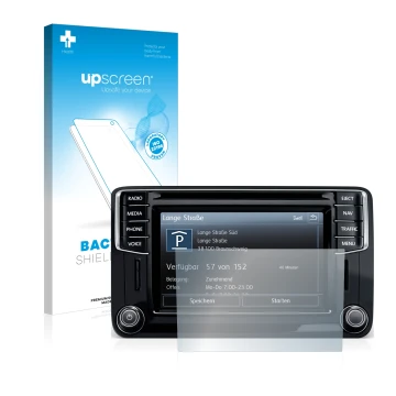 Front side of a product packaging with the brand logo upscreen. Next to it is the device Volkswagen Amarok Discover Media 6.5