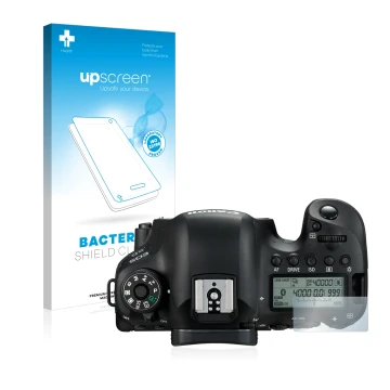 Front side of a product packaging with the brand logo upscreen. Next to it is the device Canon EOS 6D (top plate display) show