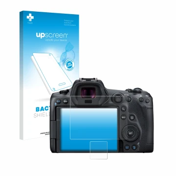 Front side of a product packaging with the brand logo upscreen. Next to it is the device Canon EOS R5 shown with the correspon