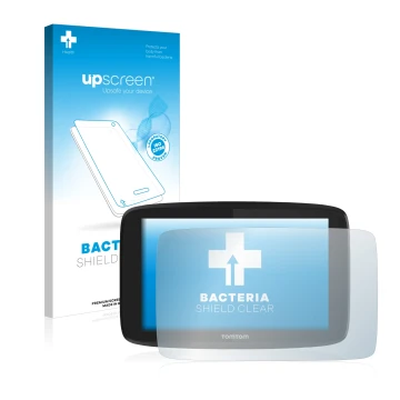 Front side of a product packaging with the brand logo upscreen. Next to it is the device TomTom Go Professional 6200 shown wit