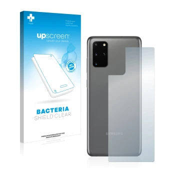 Front side of a product packaging with the brand logo upscreen. Next to it is the device Samsung Galaxy S20 Plus 5G (Back) sho