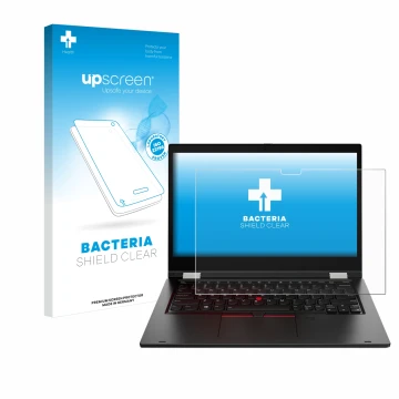 Front side of a product packaging with the brand logo upscreen. Next to it is the device Lenovo ThinkPad L13 Yoga shown with t