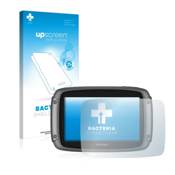 Front side of a product packaging with the brand logo upscreen. Next to it is the device TomTom Rider 50 shown with the corres