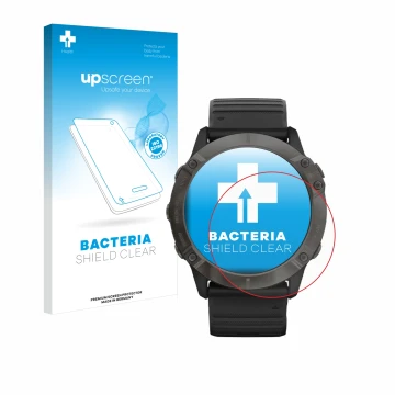 Front side of a product packaging with the brand logo upscreen. Next to it is the device Garmin Fenix 6X Pro Solar shown with 