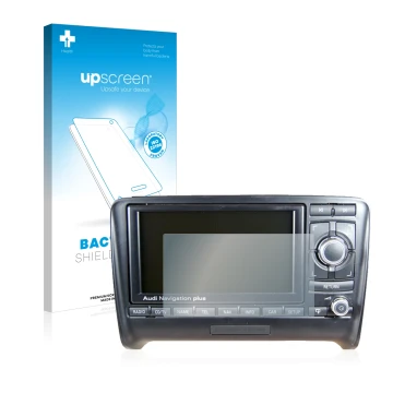 Front side of a product packaging with the brand logo upscreen. Next to it is the device Audi A3 8P 2004-2012 RNS-E shown with
