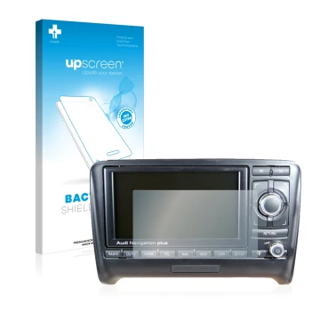 Front side of a product packaging with the brand logo upscreen. Next to it is the device Audi TT 8J 2006-2014 RNS-E shown with