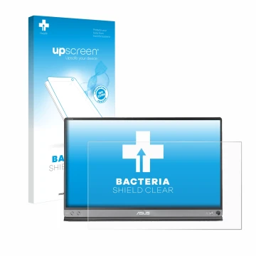 Front side of a product packaging with the brand logo upscreen. Next to it is the device ASUS ZenScreen MB16AC shown with the 