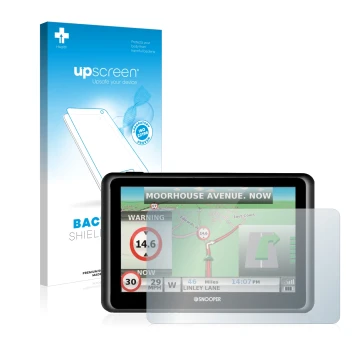 Front side of a product packaging with the brand logo upscreen. Next to it is the device Snooper Truckmate S6900 shown with th